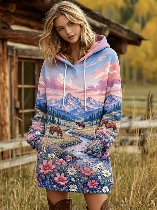 Cardydony Women's Mountain Landscape And Horse Floral Pattern Hoodie Dress