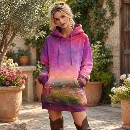 Cardydony Women's Vintage Oil Painting Floral Art Over-the-knee Warm Hooded Dress