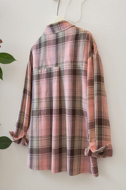 Cardydony Women's Stylish Plaid Collared Long-sleeved Pockets Casual Loose Shirt