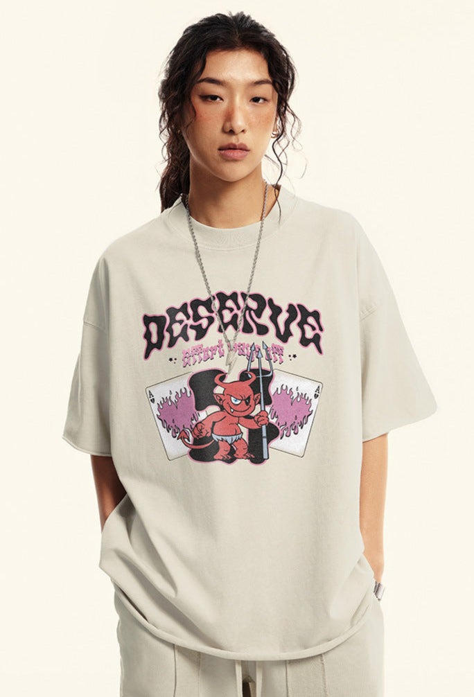 Cardydony Women's Deserve Devil Graphic Tee for Women | Oversized Cotton Streetwear Flame Tee