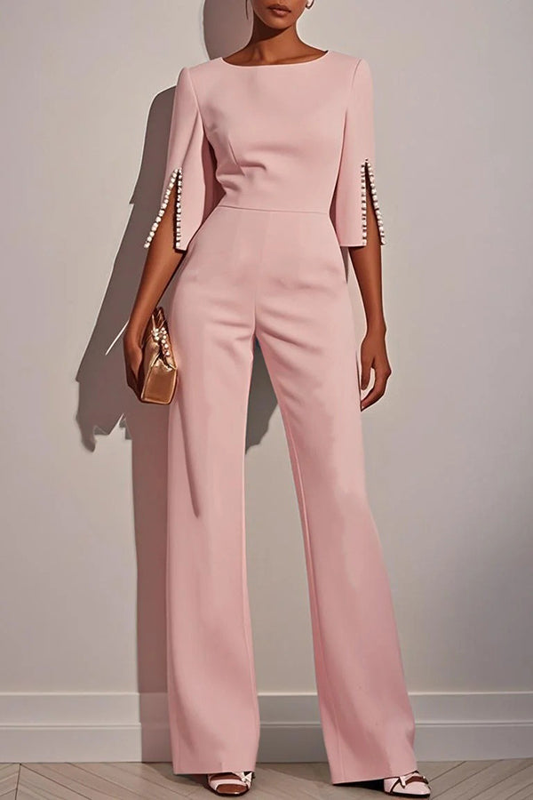 Cardydony Women's Solid Color Round Neck Beaded Decoration Slim Fit Casual Jumpsuit