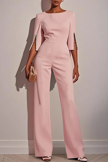 Cardydony Women's Solid Color Round Neck Beaded Decoration Slim Fit Casual Jumpsuit