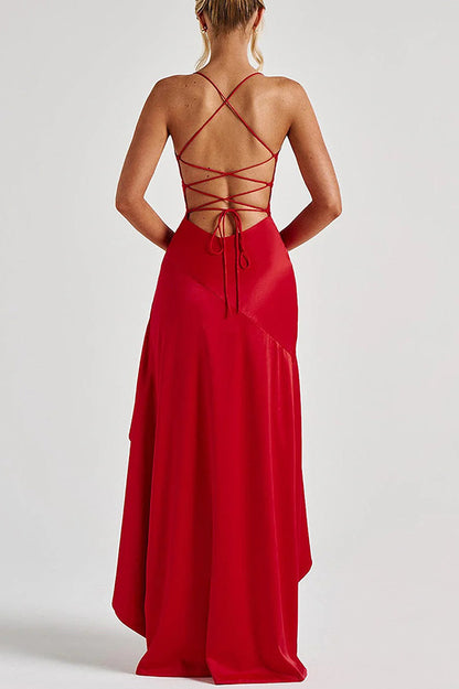 Cardydony Women's Solid Color Sexy Backless Lace-up Irregular Ruffled Maxi Dress
