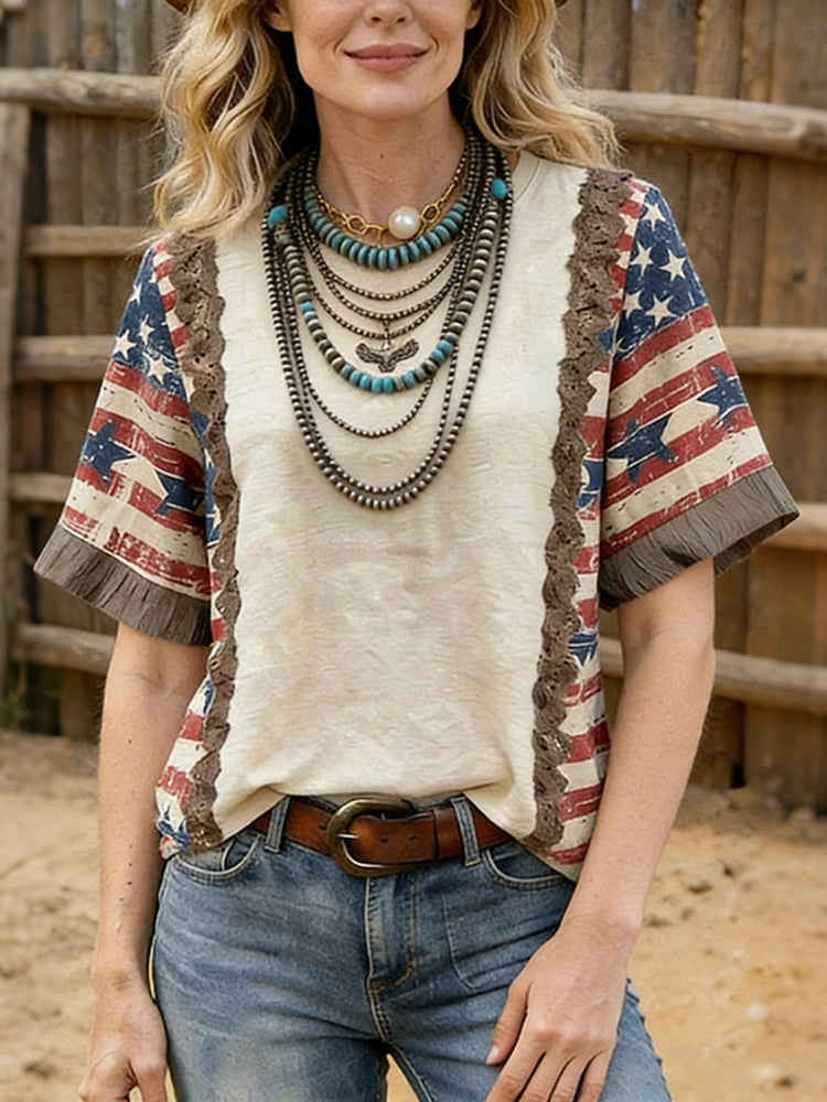 Cardydony Women's Vintage Independence Day Flag Patchwork Art Printt-shirt