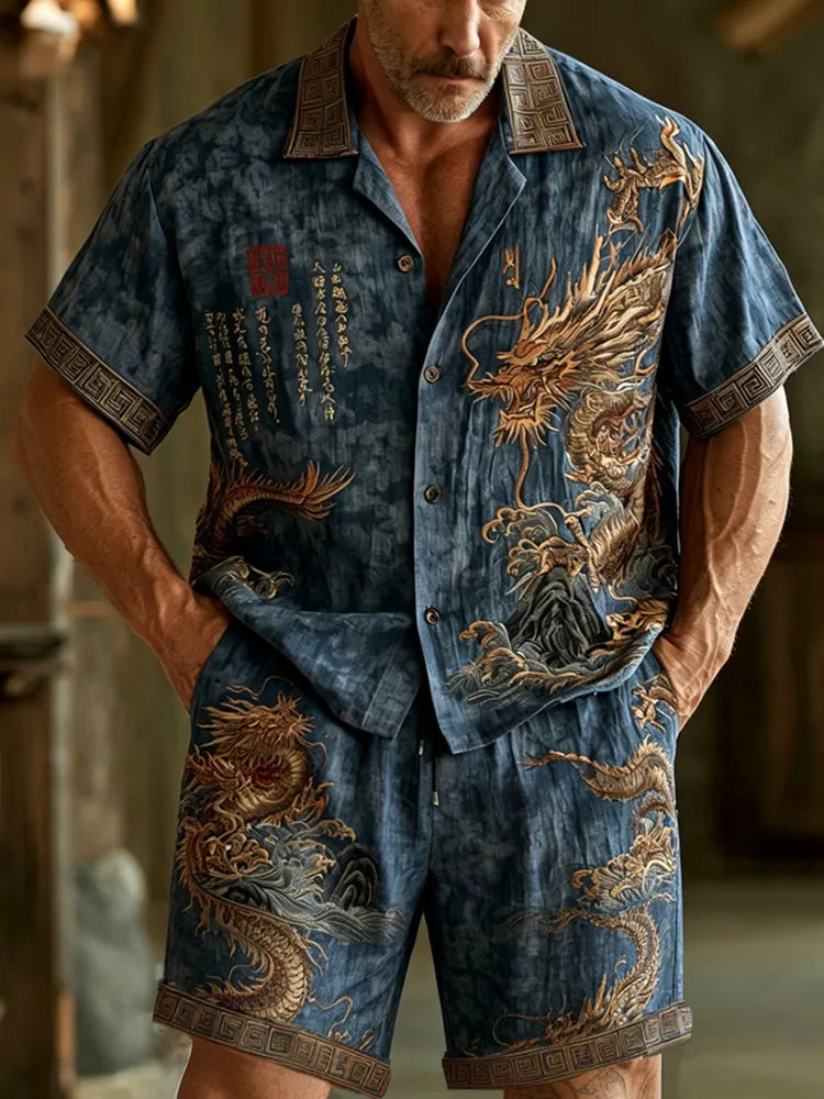 Cardydony Men's Dragon Pattern Calligraphy Embroidery Vintage Cotton And Linen Short Sleeve Shirt And Shorts Two-piece Set