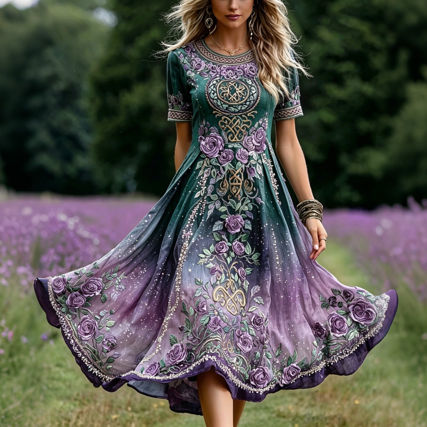 Cardydony Women's Vintage Celtic Knot With Floral Art Embroidered Linen Blend Maxi Dress