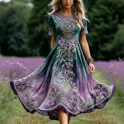 Cardydony Women's Vintage Celtic Knot With Floral Art Embroidered Linen Blend Maxi Dress