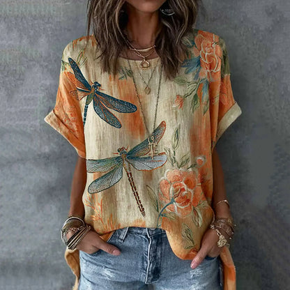 Cardydony Vintage Dragonfly And Floral Pattern Linen Blend Short Sleeve Tops