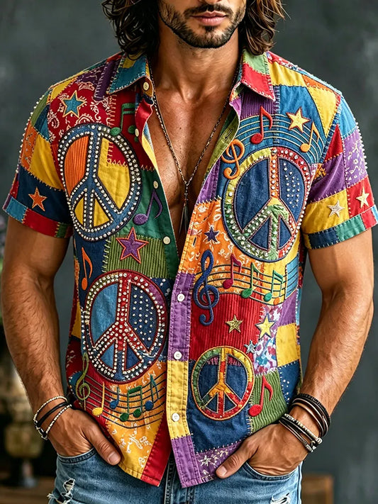 Cardydony Men's Patchwork Hippie Musical Note Design Linen Shirt
