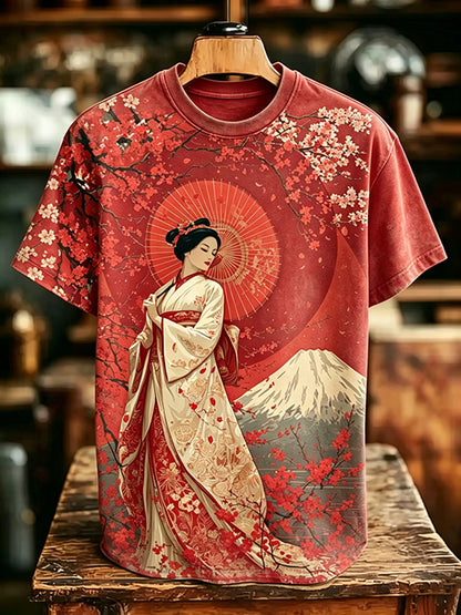 Cardydony Men's Retro Japanese Geisha Cherry Blossom And Mount Fuji Pattern Crew Neck T-shirt