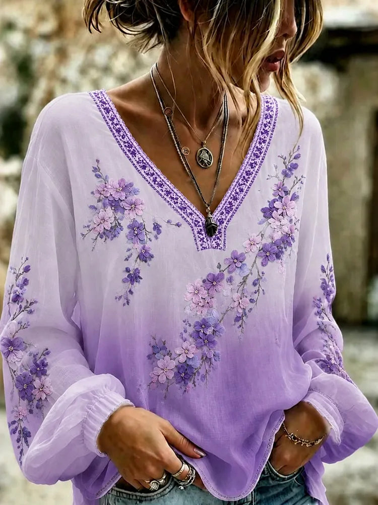 Cardydony Women's Vintage Floral Print Gradient Long Sleeve Linen T-shirt