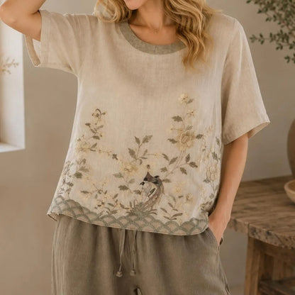 Cardydony Women's Summer Floral In Macarons Colorful Art Linen Blend Short Sleeve Tops