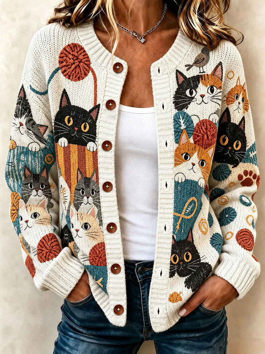 Cardydony Women's Vacation Retro Colorful Cat Print Crew Neck Cardigan