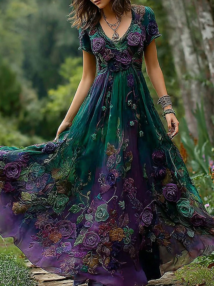 Cardydony Women's Vintage Floral Embroidery Gradient Pattern V Neck Dress