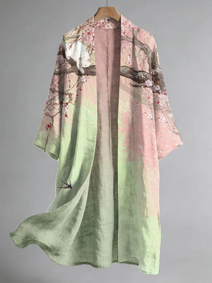 Cardydony Women's Japanese Cherry Blossom And Cat Art Linen Long Kimono