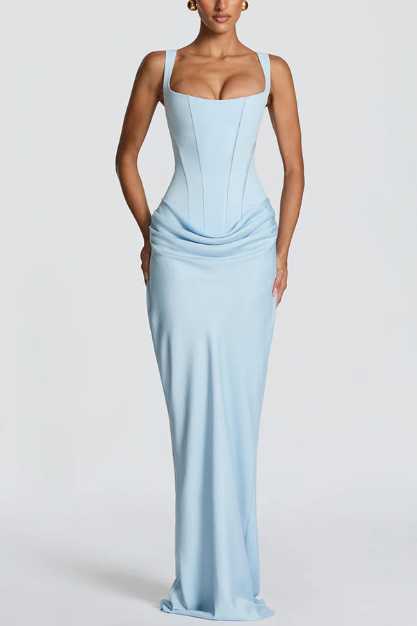 Cardydony Women's Larrah Square Neck Back Lace-up Satin Drape Hem Maxi Dress