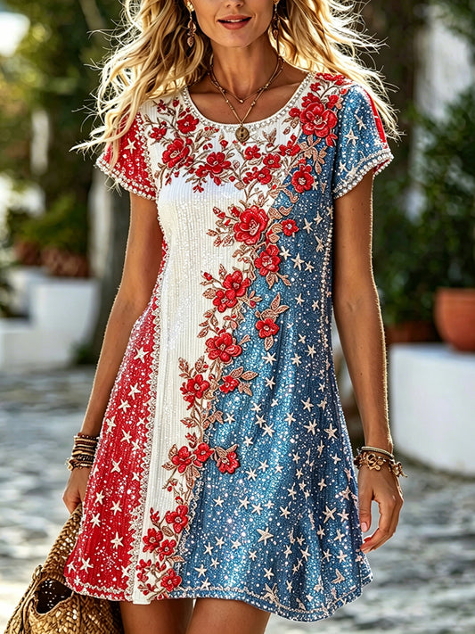 Cardydony Women's Vintage Floral Flag Patchwork Art Print Short Sleeve Dress