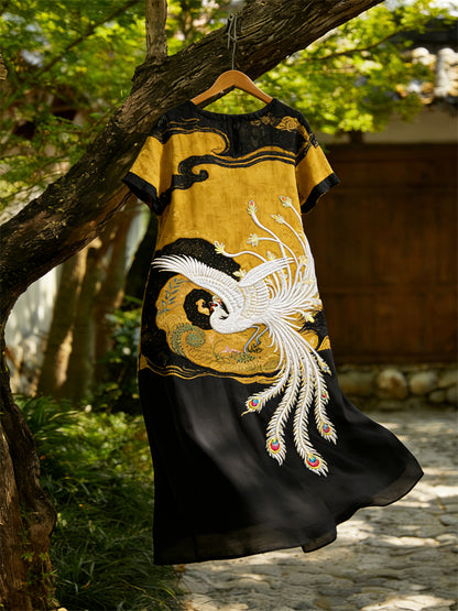 Cardydony Phoenix Japanese Traditional Contrast Art Flowy Linen Maxi Dress