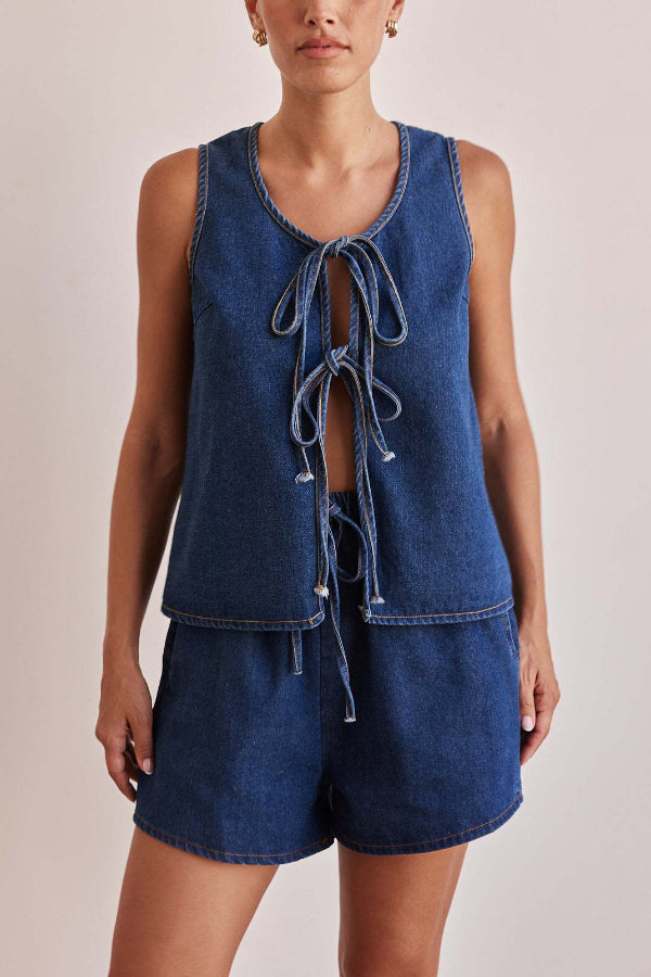 Cardydony Women's  Stylish Sleeveless Round Neck Tie-up Casual Denim Vest