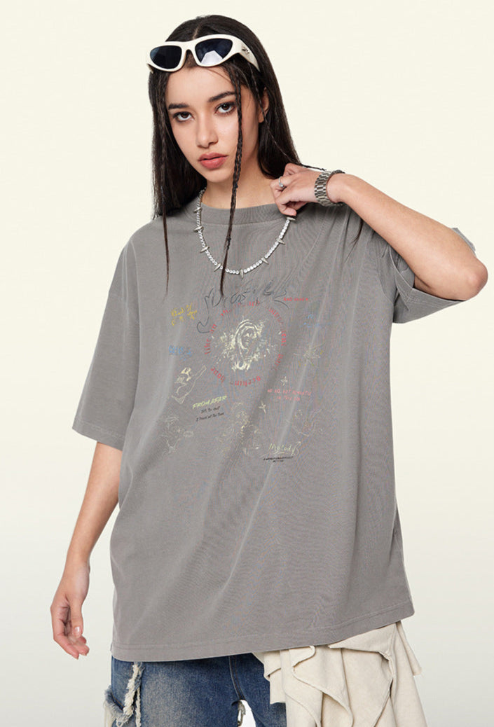Cardydony Women's Doodle Sketch Graphic Tee – Oversized Streetwear for Women
