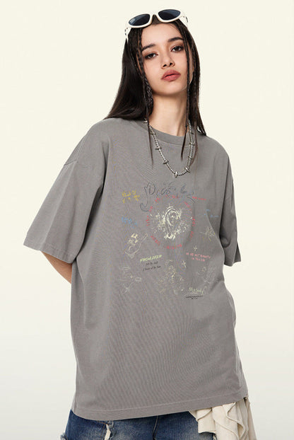 Cardydony Women's Doodle Sketch Graphic Tee – Oversized Streetwear for Women