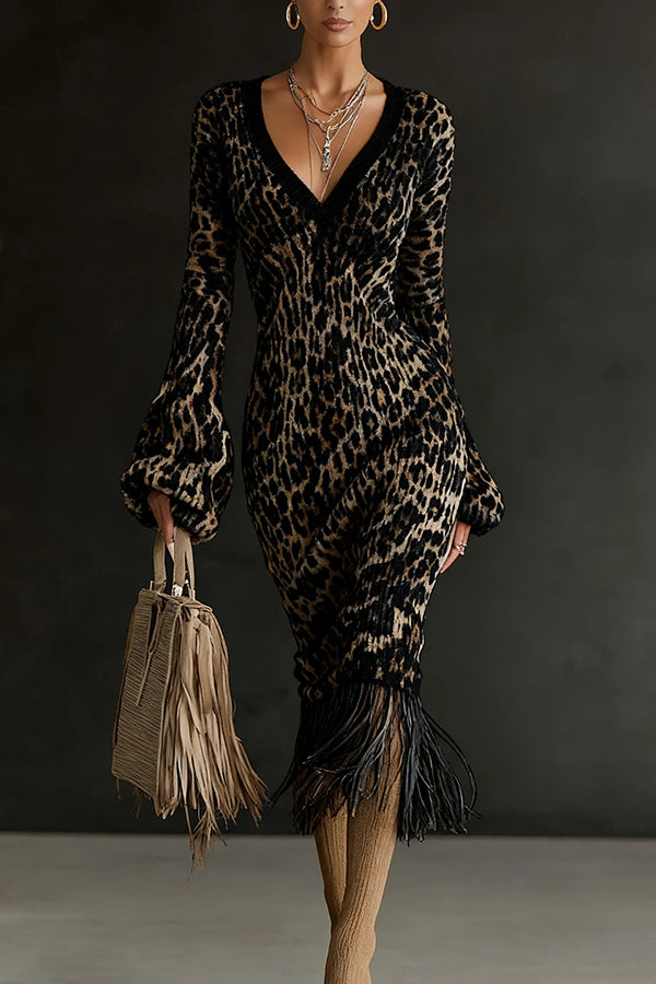 Cardydony Women's Unique Printed V-neck Long-sleeved Elegant Tassel Hem Midi Dress
