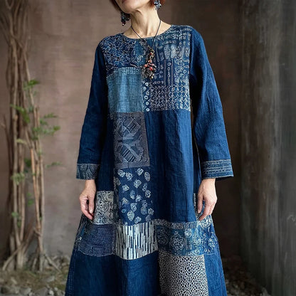 Cardydony Vintage Japanese Sashiko Art Flowy Linen Maxi Dress