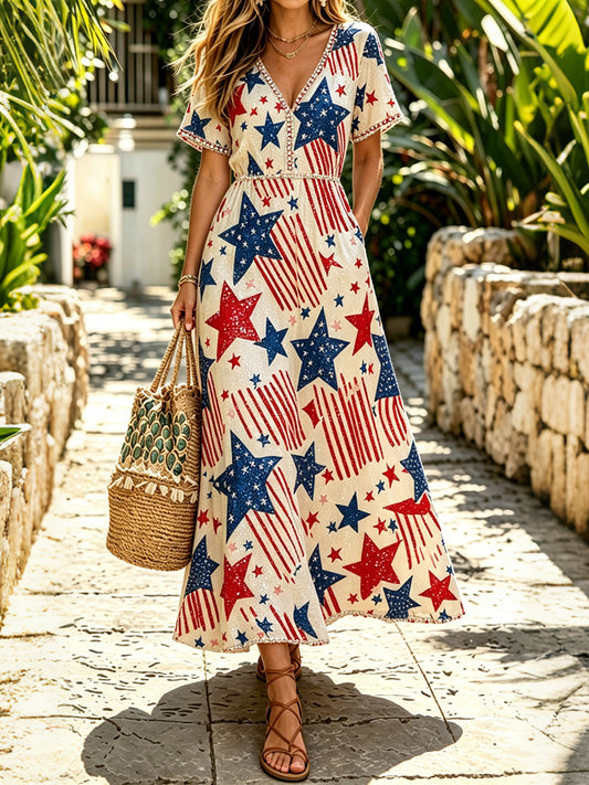 Cardydony Women's Vintage Anniversary Independence Day Art Print V Neck Dress