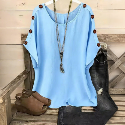 Cardydony Women's Solid Color Round Neck Loose Button Design T-shirt