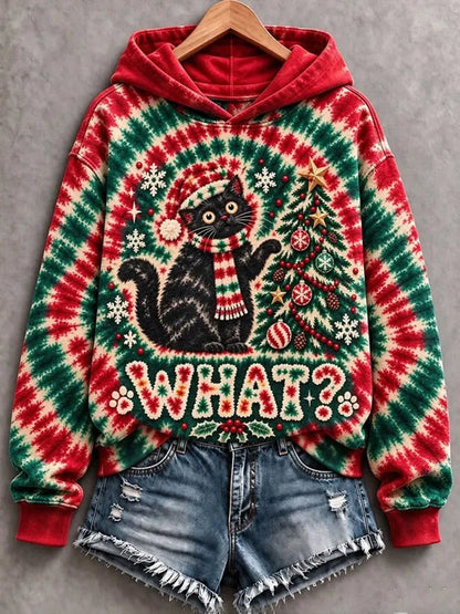 Cardydony Women's Christmas Cat Christmas Tree Rainbow Print Hoodie