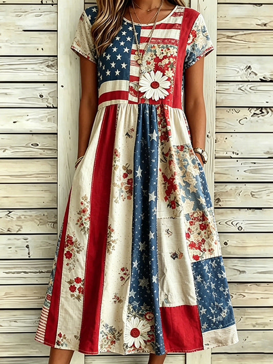 Cardydony Women's Vintage Independence Day Flag Floral Print Casual Linen Blend Maxi Dress