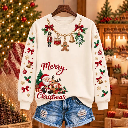 Cardydony Women's Christmas-themed Santa Sleigh And Gingerbread Man Print Crewneck Sweatshirt
