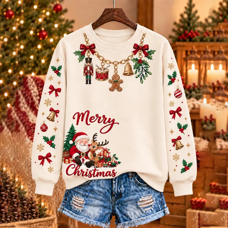 Cardydony Women's Christmas-themed Santa Sleigh And Gingerbread Man Print Crewneck Sweatshirt