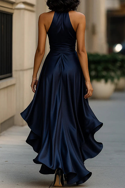 Cardydony Women's Solid Color Satin V-neck Sleeveless Elegant Ruffle Maxi Dress