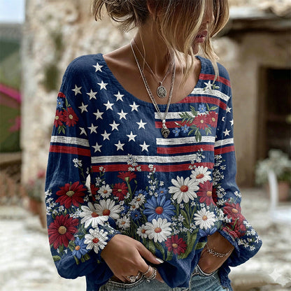 Cardydony Women's Vintage Independence Day Flag Flower Art Print Linen Blend T-shirt