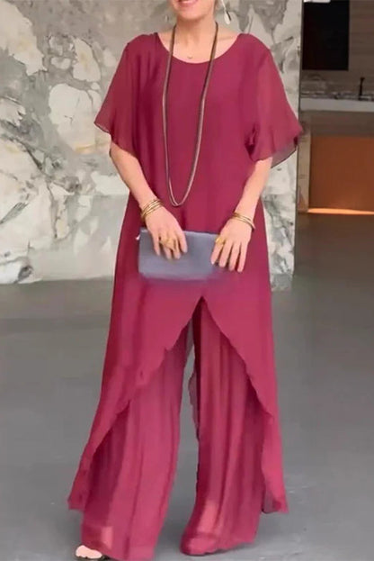Cardydony Women's Solid Color Round Neck Irregular Loose Chiffon Top and Casual Wide-leg Pants Set