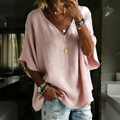 Cardydony Women's Solid Color V-neck Linen Blend Loose T-shirt