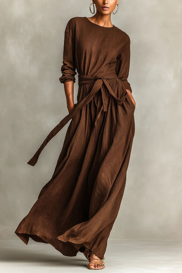 Cardydony Women's Linen Blend Round Neck Long Sleeve Waist Tie Casual Pocket Maxi Dress