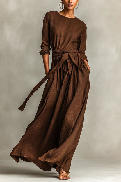 Cardydony Women's Linen Blend Round Neck Long Sleeve Waist Tie Casual Pocket Maxi Dress