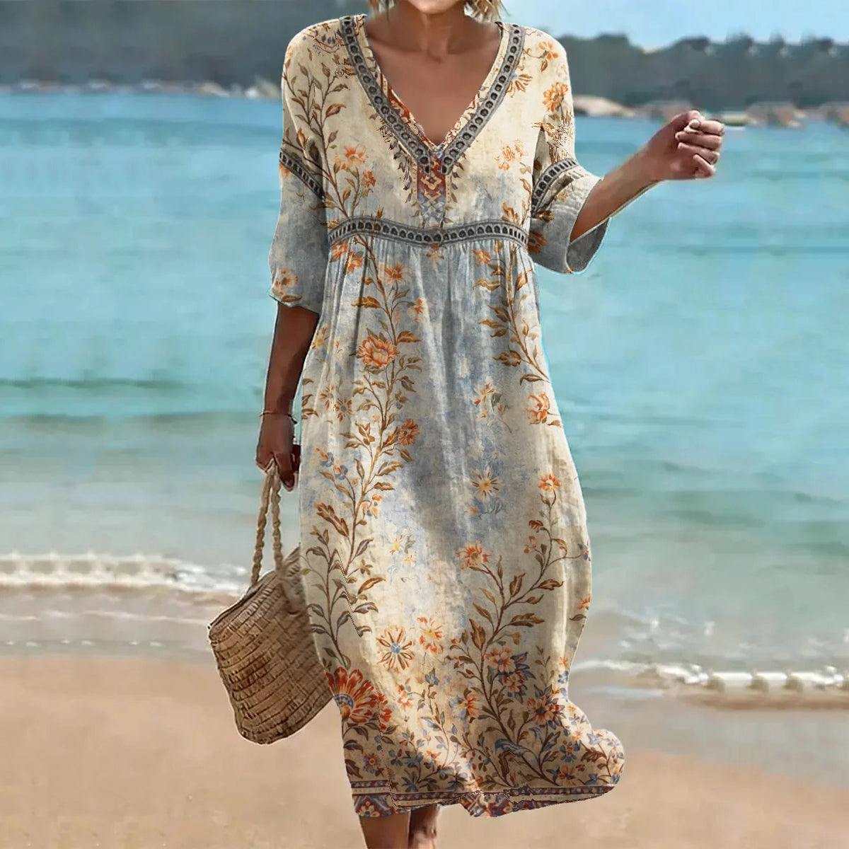 Cardydony Women's Solid Color Linen Blend Loose Three-quarter Sleeve V Neck Dress