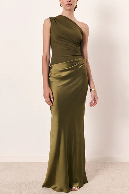 Cardydony Women's Kaia Satin Contrast Fabric Patchwork One Shoulder Ruched Maxi Dress