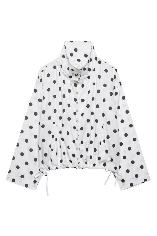 Cardydony Women's  Polka Dot Print Loose Stand Collar Button Bow Tie Casual Long-sleeved Jacket