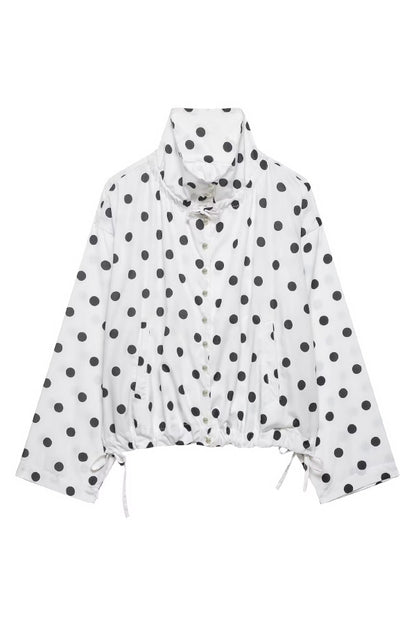 Cardydony Women's  Polka Dot Print Loose Stand Collar Button Bow Tie Casual Long-sleeved Jacket