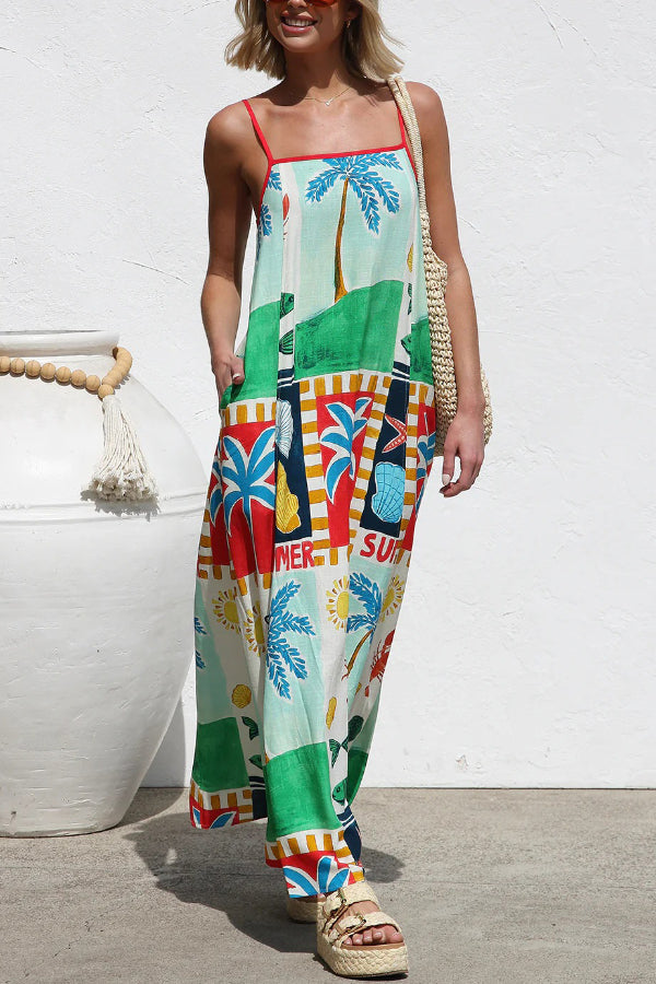 Cardydony Women's Summer-themed Printed Square Neck Sleeveless Pocket Loose Maxi Dress