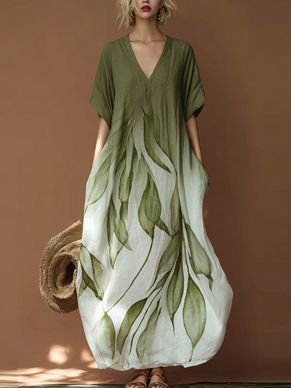 Cardydony Plant Pattern Design Casual Linen Dress