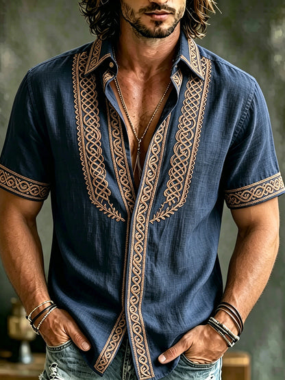 Cardydony Men's Vintage Spring Summer Viking Tribal Jacquard Celtic Knot Inspired Art Flowy Linen Blend Shirt