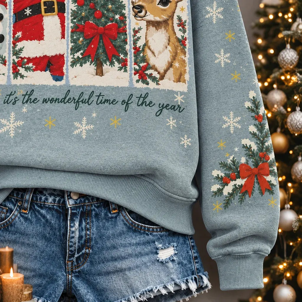 Cardydony Women's Cute Santa Snowman Reindeer Christmas Print Relaxed Fit Blue Pullover Hoodie