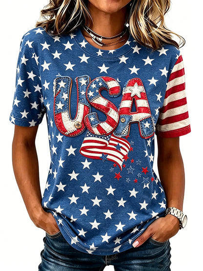 Cardydony Women's Retro Independence Day Flag Embroidered Patchwork Art T-shirt