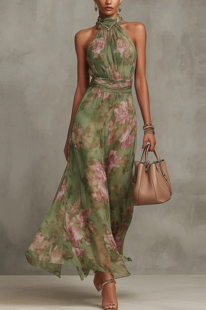 Cardydony Women's  Floral Print Halter Neck Sleeveless Fitted Waist Casual Vacation Maxi Dress
