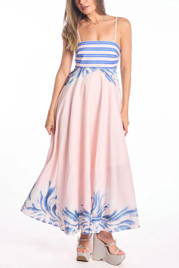 Cardydony Women's Unique Print Square Neck Spaghetti Strap Back Gathered Maxi Dress